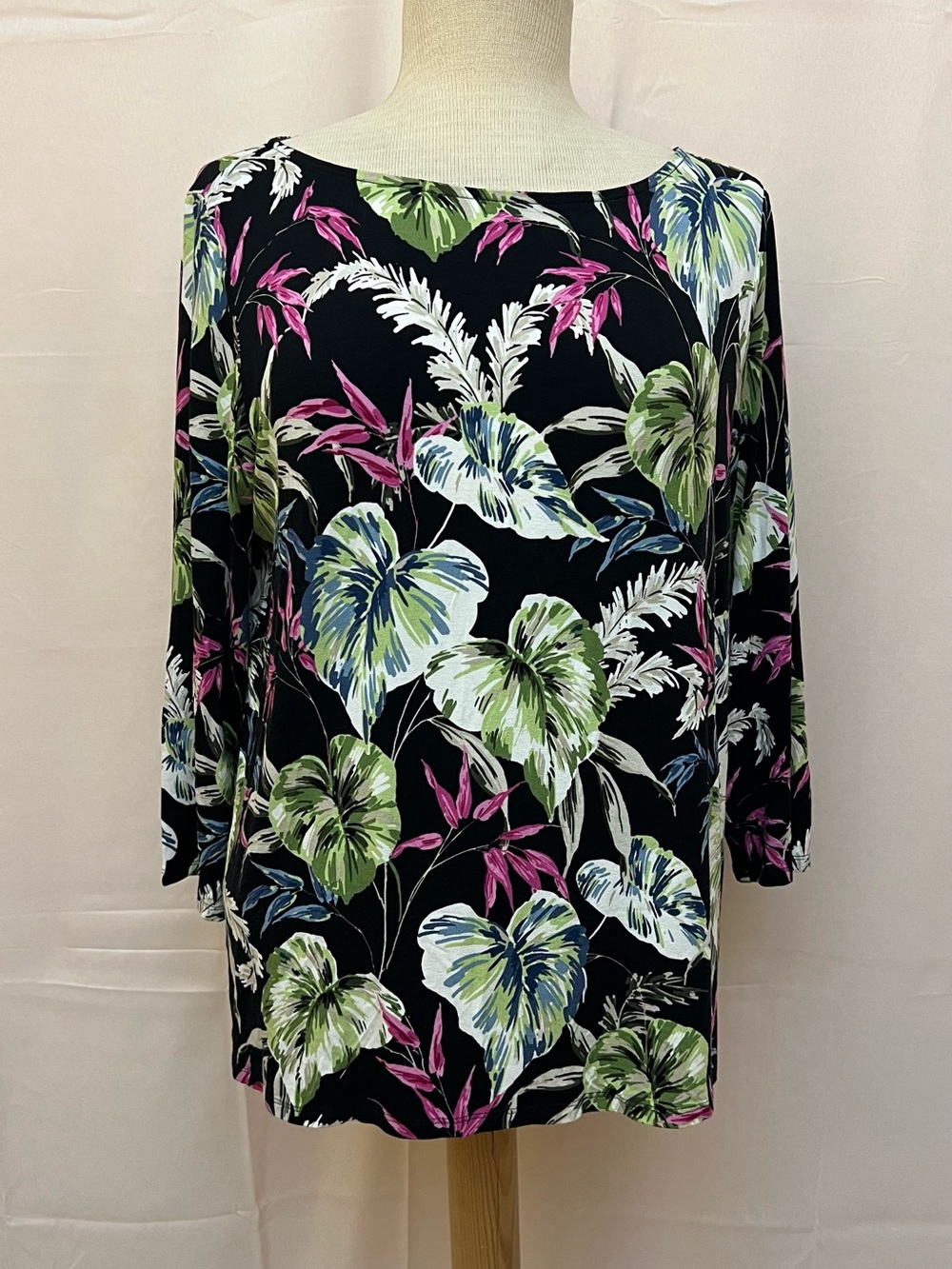 Women's Black Tropical Print Boatneck Top - Green & Pink